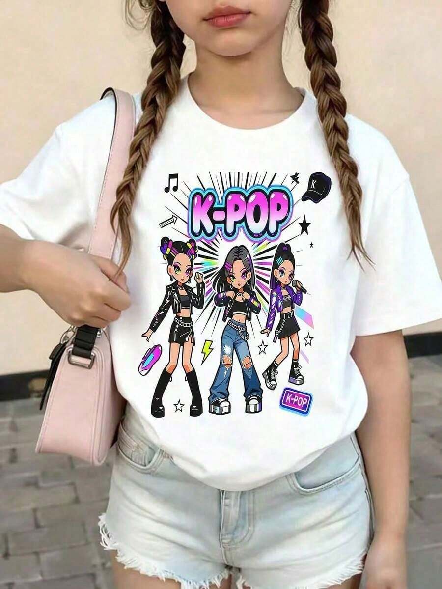 Short-Sleeved T-Shirt With Round Neck And Hawaiian Floral And Letter Print For Girls, Casual And Modern Style, Ideal For Everyday Outings And Holidays, Hawaiian T-Shirt For The - 酒紅色 - 查看 1