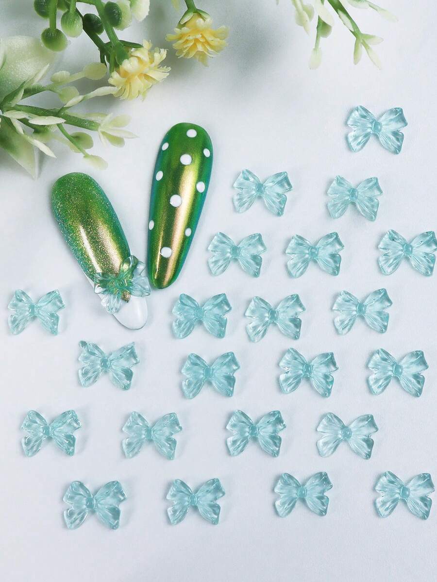 30件冰透薄荷藍果凍樹脂蝴蝶結美甲裝飾，3D透明蝴蝶結裝飾，芭蕾性感夏季海洋美人魚風DIY美甲沙龍配件美甲飾品