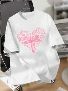 Camiseta de manga corta para mujer con estampado de corazón y la palabra "Faith", 100% algodón, corte holgado, estampado de corazón rosa, cruz y texto de fe, top casual transpirable, ropa ca - Blanco - Ver 1