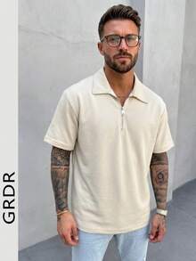 GRDR Men's Solid Color Minimalist Half-Zip Short Sleeve T-Shirt For Daily Wear - Apricot - View 2