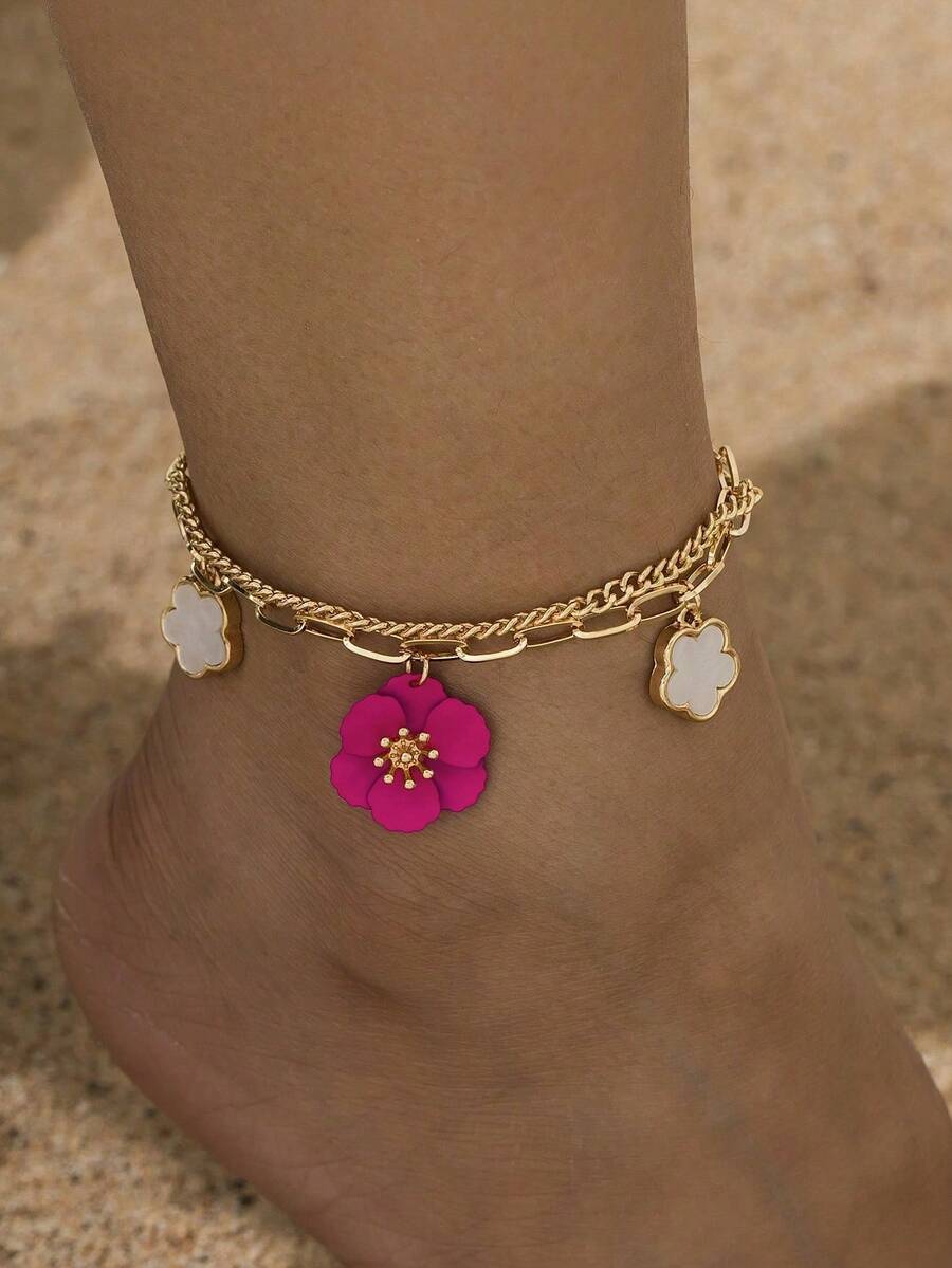 1 pieza de tobillera para mujer con colgante de bola de flores tallada de color plateado estilo vintage, adecuada para uso diario y en la playa. - Blanco - Ver 1
