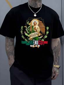 Representación detallada de  Tadeo con aureola dorada portando túnica verde y manto beige acompa?ado de elementos vegetales y símbolos patrios de México con texto México y fondo tricolor en - Negro - Ver 1