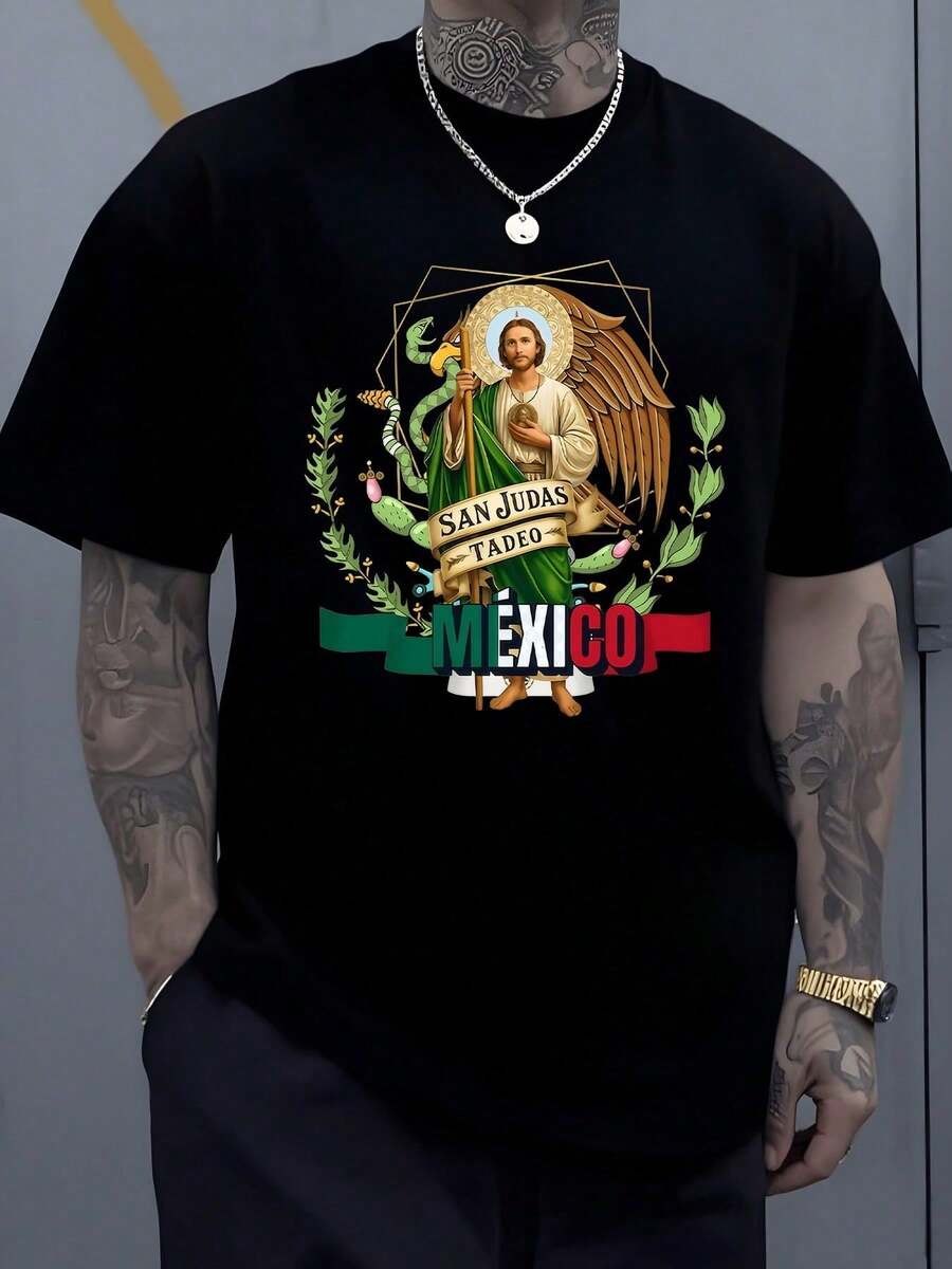 Representación detallada de  Tadeo con aureola dorada portando túnica verde y manto beige acompa?ado de elementos vegetales y símbolos patrios de México con texto México y fondo tricolor en - Negro - Ver 1