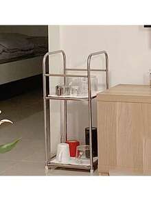 1 Peça Mesa de Cabeceira Moderna com Estrutura de Aço Inoxidável, com Espaço de Armazenamento, Prata, Prateleira de Armazenamento Doméstico, Sem Montagem Necessária, Altura Abaixo de 27 Polegadas, Design Economizador de Espaço, Sem Energia Necessária, Adequado para Sofá e Cozinha, Prateleira de Armazenamento Prática - Multicolorido - Visão 3