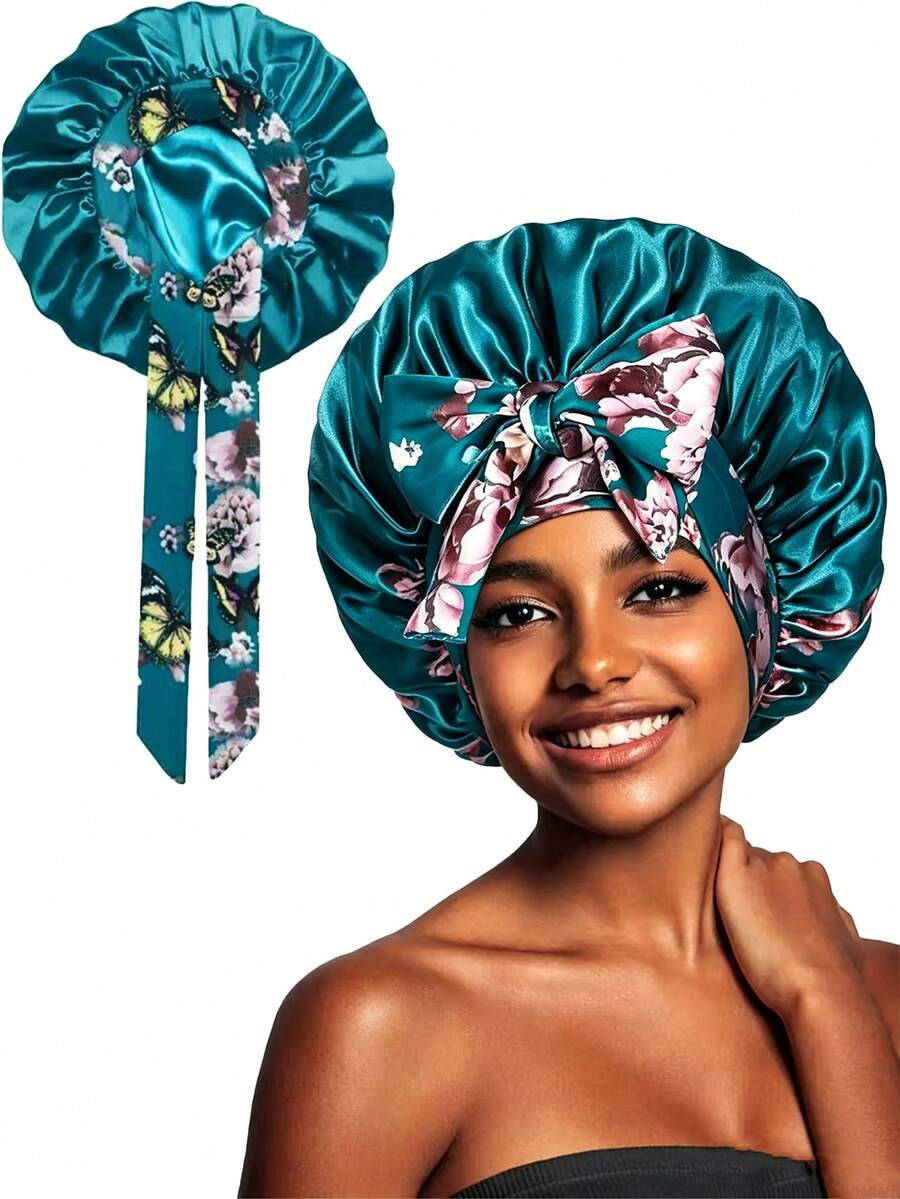 CONFLASS 1pc Women's Pink Printed Satin Sleep Bonnet With Long Ties, Butterfly & Floral Print, Elastic Wide Band Hair Wrap, Suitable For Sleep And Styling, Anti-Frizz, Fits Long Braids And Dreadlocks