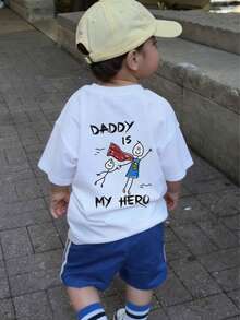 1 Stück Junge "Dad Is My Hero" Grafik Muster Pullover Kurzarm T-Shirt, Schüler Jugend Kinder Sommer Top - Weiss - Übersicht 1