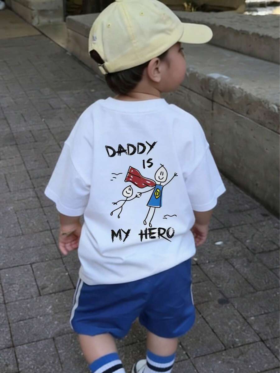 1 Stück Junge "Dad Is My Hero" Grafik Muster Pullover Kurzarm T-Shirt, Schüler Jugend Kinder Sommer Top - Weiss - Übersicht 1