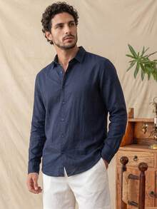 glestore Men's Vintage Casual Long Sleeve Shirt, 100% Pure Cotton, Linen Texture, Skin-Friendly And Comfortable, Suitable For All Seasons - Navy Blue - View 4