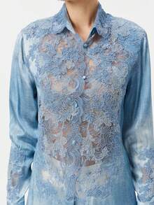 Rich Radi Q's Elegant Women's Long Sleeve Blouse With Contrast Lace And Hollow-Out Details, Blue Regular Hem Shirt Collar Top - Blue - View 7
