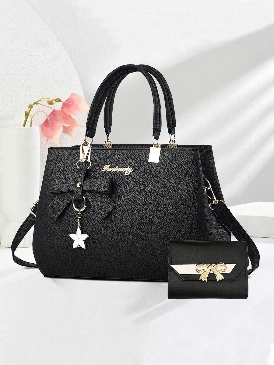 Solid Color, PU Material With Bow Pendant, Mother's Day Gift, Valentine's Day Gift, Elegant Women's Handbag, Shoulder Bag, Crossbody Bag, Large Capacity Handbag - 黑色 - 查看 1