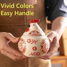 Novelty Chicken Design Ceramic Seasoning Jar 13Oz Blue Decorative Spice Container With Lid And Spoon For Kitchen Countertop Salt Sugar Coffee Storage - Red - View 4