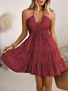 Women's Halter V-Neck Mini Dress, Ruched And Layered, Sleeveless, Ideal For Beach Vacations, Casual Daily Wear And Outdoor Picnic Outfits. - 深紅色 - 查看 5