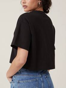 Women's Loose-Fitting Short T-Shirt,Women's Boxy Fit Cropped Graphic T-Shirt |      Black Flowers Y2K / Short Sleeve Crew Neck Sweatshirt / Winter - 黑色 - 查看 2