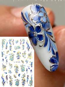 Chinese Vintage Blue White Porcelain Nail Stickers 3 Sheets, Embossed Blue Floral Gold Foil Flower Leaf Nail Decals, Self Adhesive Waterproof Nail Art Transfer Sliders Design For Natural Fake Press On Nails DIY Manicure Accessories - Multicolor - View 2