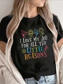 Soft Cotton Summer T-Shirt, Elegant Plus Size Blouses For Women, 1 Piece, Funny Graphic T-Shirt For Valentine's Day With The Message "I Love My Job, All For Those Little Ones" - 黑色 - 查看 1
