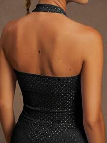 VVX Women Polka Dots Halter Neck Sports Crop Tank Top Removable Pads Sexy Backless Seamless Ribbed Workout Yoga Outdoor Gym Top Casual Soft - Black - View 4