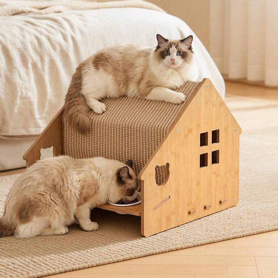 EZIFY Cat House Villa, Integrated Design With Food Bowl, Sturdy Load-Bearing, Floating Food Bowl, No Floor Space Occupied, Two-In-One Eating And Resting For Cats, Natural Wood Simple Style - 43*48*41cm - 查看 1