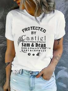 Cassiel Series Women's T-Shirt With Iconic Print - Black With White Print, Loose Fit, Short Sleeves, Round Neck, Stretchy Casual T-Shirt, Suitable For Fans, Casual Wear - 白色 - 查看 1