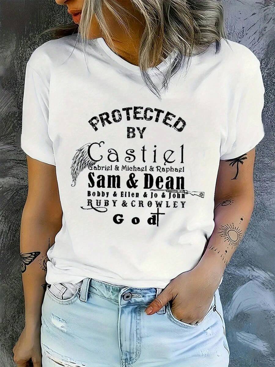 Cassiel Series Women's T-Shirt With Iconic Print - Black With White Print, Loose Fit, Short Sleeves, Round Neck, Stretchy Casual T-Shirt, Suitable For Fans, Casual Wear - 白色 - 查看 1