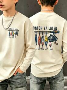 Tween Boy Casual Fun Graphic Print Crew Neck Pullover Long Sleeve T-Shirt, Autumn/Winter Top - Apricot - View 3