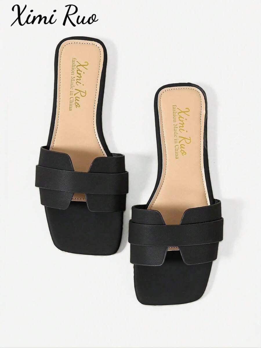 Ximi Ruo New Spring/Summer Fashion Casual Strap Slide Sandals, Comfortable Flat Heel Round Toe Slip-On Beach Slippers, Versatile Decorative Flat Sandals For Summer - Black - View 1