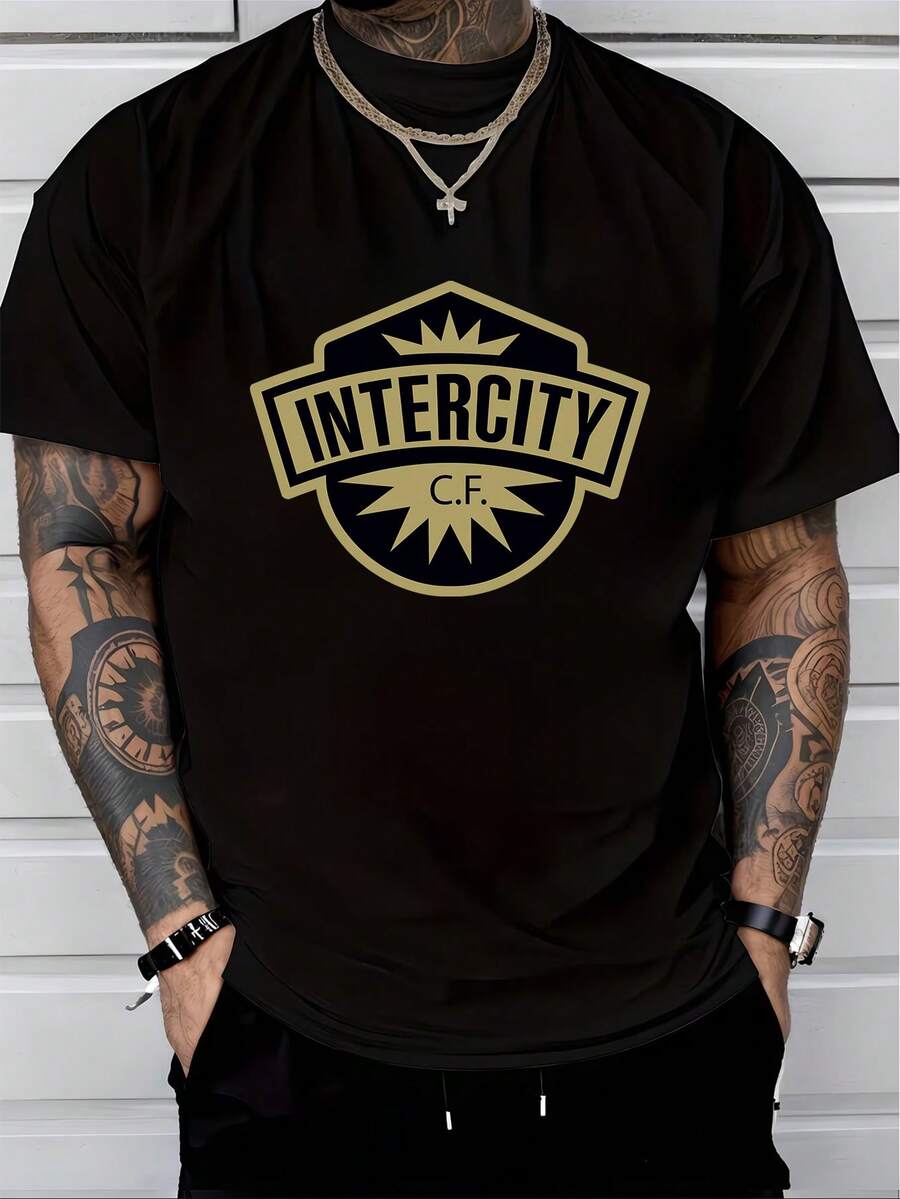 Herren T-Shirt aus reiner Baumwolle mit Kurzarm, Grafikdruck Intercity CF Logo, lässige Streetwear, Oversized, Sommer, Alltagskleidung, Oberteil - Schwarz - Übersicht 1