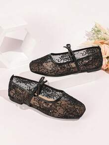 Black Square Toe Flat Mary Jane Shoes With Lace Mesh, Slip-On Elastic Band Fashion Loafers, Women's Spring/Autumn New Low Vamp Casual Shoes, Elegant Commuter Office Minimalist Style - Black - View 7