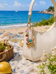Custom Beaded Letter Bag Charm Keychain, Handmade Pendant, Gold Carabiner Accessory, A Unique Gift For Friends And Bridesmaids. - Multicolor - View 2
