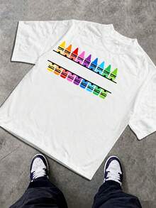 Kids' T-Shirt With Rainbow Crayon Print - Fun And Creative Style For School Or Art Activities - 白色 - 查看 2