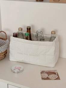 Pure White Quilted Storage Basket With English Slogan Embroidery, Foldable And Non-Collapsible, Multi-Purpose Fabric Desktop Organizer Bin For Living Room, Bedroom, Dorm, Student Essentials, Small Items - White - View 12