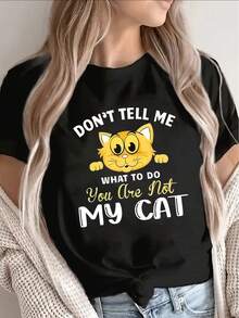 Bohemian Short-Sleeved T-Shirt Made Of 100% Pure Cotton, With A Bohemian Style, Lightweight And Durable, Featuring A Fun Cat Design. It's Perfect For Casual Outings At Home Or In A Cafe, And Is - 黑色 - 查看 1