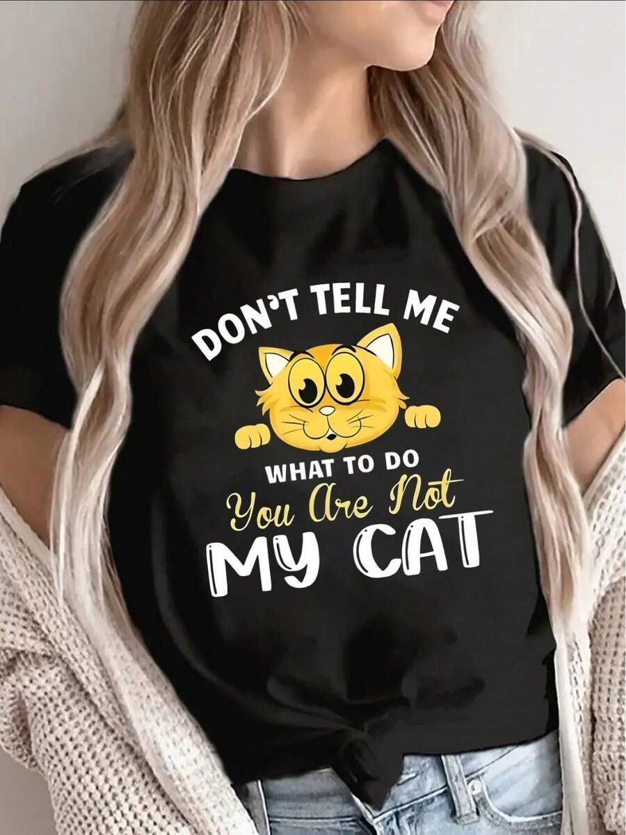 Bohemian Short-Sleeved T-Shirt Made Of 100% Pure Cotton, With A Bohemian Style, Lightweight And Durable, Featuring A Fun Cat Design. It's Perfect For Casual Outings At Home Or In A Cafe, And Is - 黑色 - 查看 1