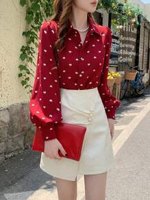 Rikumo Kemeja Wanita Lengan Panjang Berkerah Motif Hati Merah dengan Kancing Hiasan Mutiara, Cocok untuk Pemakaian Sehari-hari, Musim Semi/Panas - Merah - View 1