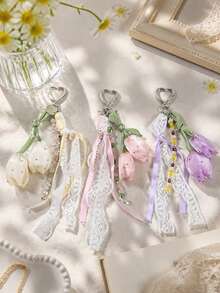 1pc Sweet Tulip Zinc Alloy Keychain With Lace Ribbon Floral Bag Charm, Suitable For Daily Bags - Multicolor - View 1