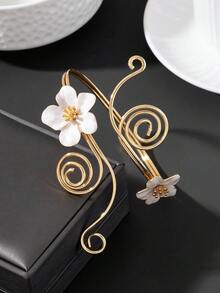 1pc Niche Vintage Gold Spiral Twisted Branch White Oil Drop Plumeria Women's Arm Cuff - White - View 3