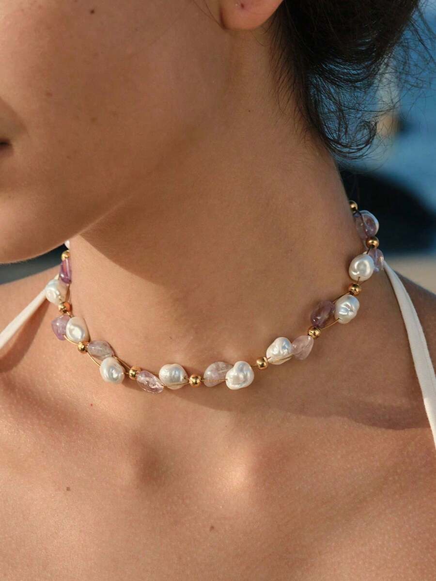 Collar con Aspecto de Diamante Brillante, Accesorio Diario Premium - Oro - Ver 1