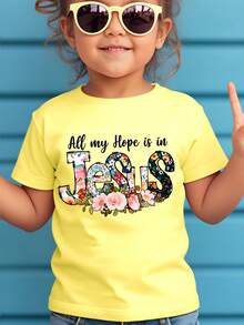 Girls' Round Neck T-Shirt With Letter And Flower Print "All My Hope Is In Jesus", Sweet And Versatile. - Army Green - View 10