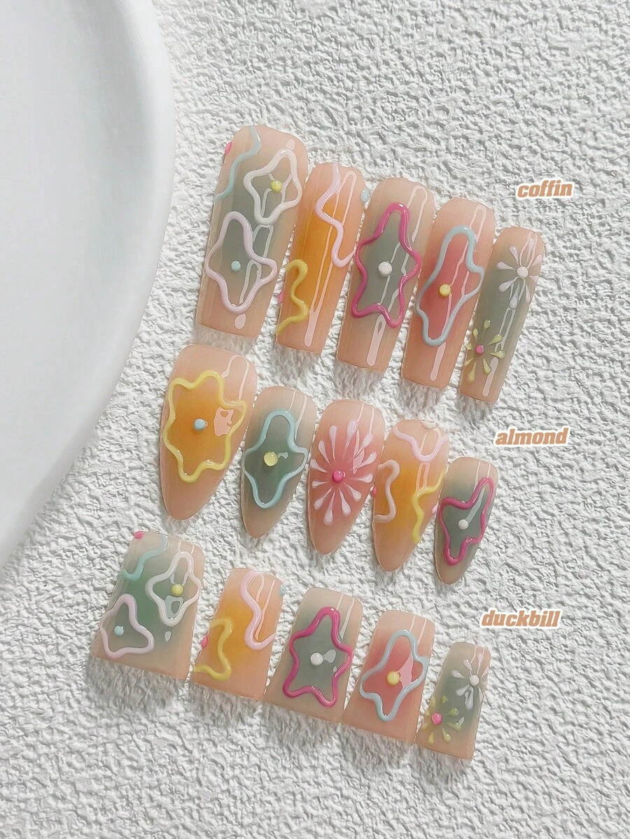10pcs Graffiti Style Handmade Press-On Nails, Polygel Nail Art Set, Striped Hand-Painted Floral Design, Pink, Yellow, Green And Blue Nail Polish, Sweet Style, Includes Nail Tools, 3 Sizes Available, Almond, Duck, Coffin Shape, Suitable For Party, Dancing, Daily Wear - 彩色 - 查看 1