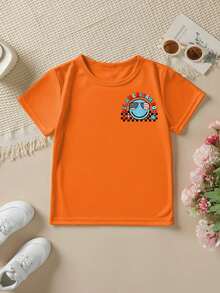 Camiseta de manga corta de moda para niños 'Día de la Independencia Americana' 'ALL AMERICA BOY' con elementos a cuadros y estampado de dibujos animados de doble cara, top casual para exteri - Verde militar - Ver 2