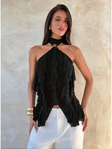 Women's Purple Chiffon Halter Top, With Metal Clasp And Multiple Ruffles, Sheer Backless Blouse For Parties And Date Nights - Black - View 3