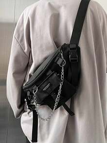 Men's Street Style Waist Pack, Chain Accent Tactical Chest Bag, Multi Pocket Crossbody Sling For Daily Travel,School Must-Haves - Multicolor - View 2