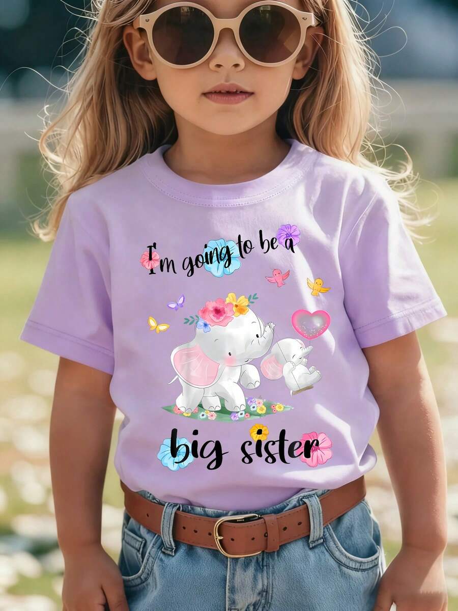 Girls' Short-Sleeved T-Shirt, Summer Style, With "I'm Going To Be A Big Sister" Print And Two Cute Cartoon Elephants, Casual And Versatile Top NY-DX9297 - 紫色 - 查看 1