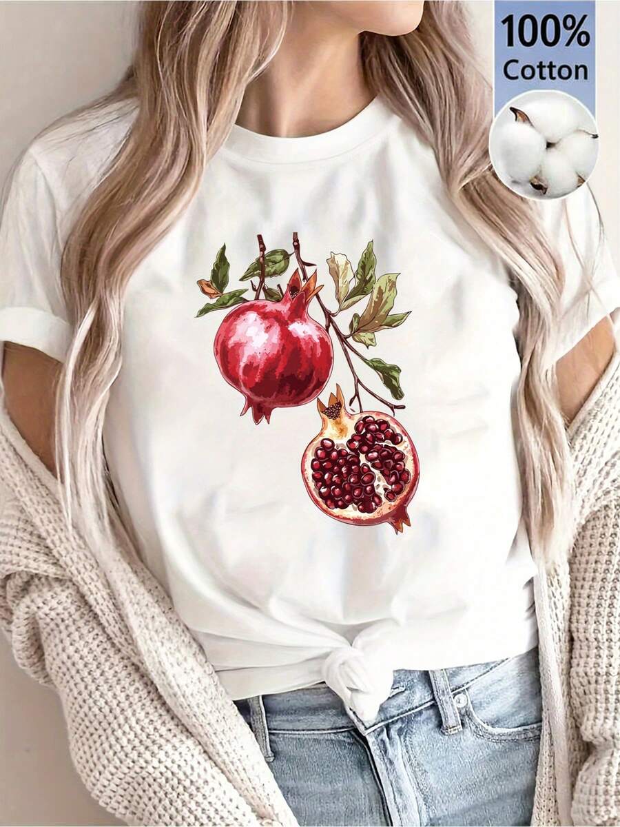 2026 Women's Blouses [New Summer Arrival] Women's Delicious Pomegranate Print T-Shirt, Casual & Holiday Wear, Short Sleeve, Round Neck, Spring/Summer Clothing - 白色 - 查看 1