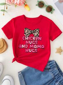 Girl's T-Shirt With The Inscription "Chicken Nugs And Mama Hugs" And A Leopard Print Bow, Modern, Casual And Versatile. - 紅色 - 查看 2