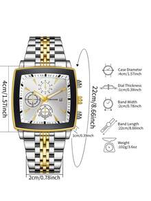 Reloj de pulsera de cuarzo con esfera cuadrada de tres ojos y calendario, estilo clásico de moda para hombre, estilo elegante (1 pieza/set), caja de reloj no incluida - Blanco - Ver 4