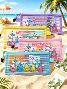 Tas Kosmetik Jala Bergaris Motif Kartun Kembali ke Sekolah, Kantong Alat Tulis Siswa 5 Warna dengan Resleting, Tas Penyimpanan Kosmetik dan Alat Tulis Portabel, Tas Perlengkapan Mandi Nilon dengan Resleting - Ringan, Dapat Menyimpan Tabir Surya, Camilan, Bikini, Dokumen, dan Perlengkapan Pantai - MultiWarna - View 2