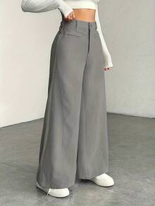 Pantalones de Mujer de Cintura Alta y Pierna Ancha - Textura de Pana, Pantalones Casuales, Cómodos para Todas las Estaciones, Lavables a Máquina - Gris - Ver 3