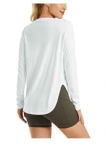 Camiseta informal holgada de manga larga sólida negra, top deportivo para fitness, yoga y running, ropa para mujer - Blanco - Ver 3