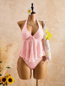 Women's Halter Neck Ruffle Lace Bikini Set: Flattering Two-Piece Swimsuit For Hot Springs - Pink - View 1