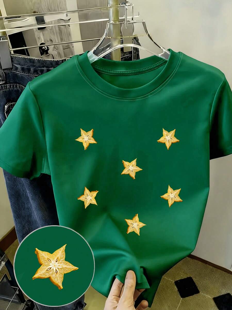 Y2K Women's Casual Summer T-Shirt - Exquisite Star Print T-Shirt - Y2k Style, Delicate, Ideal For A Gift, Casual Round Neck Top - Tra - 綠色 - 查看 1